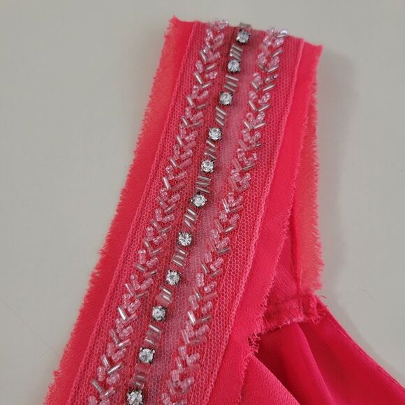 BKE Women's Deep Coral Embellished Chiffon Lined Lace-up Tank Blouse - Picture 9 of 13